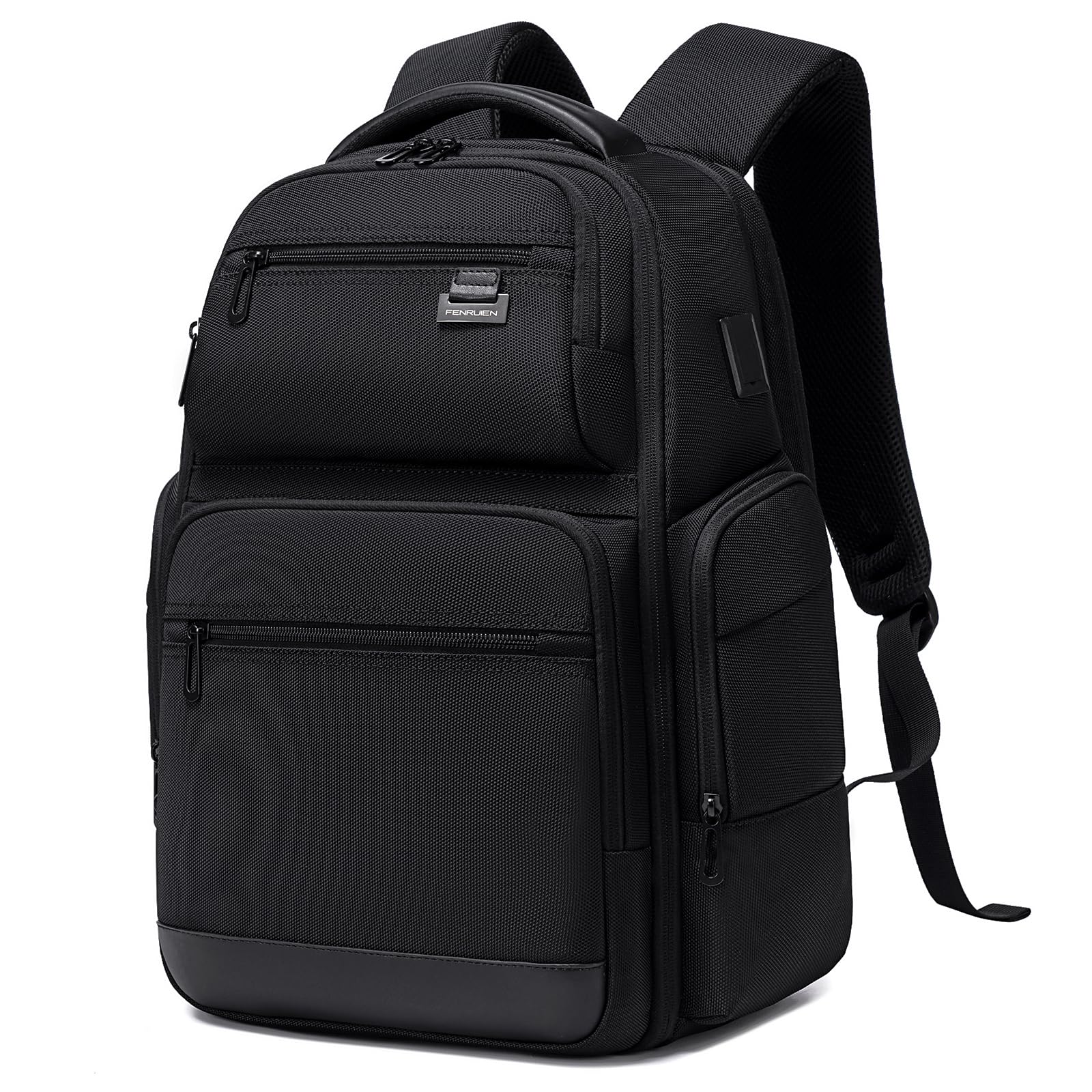 FENRUIEN Business Travel Backpack for Men,Large Capacity Laptop Backpack with USB Charging Port,Multifunctional Water Resistant Expandable Black Bag Fits 15.6 Inch computer
