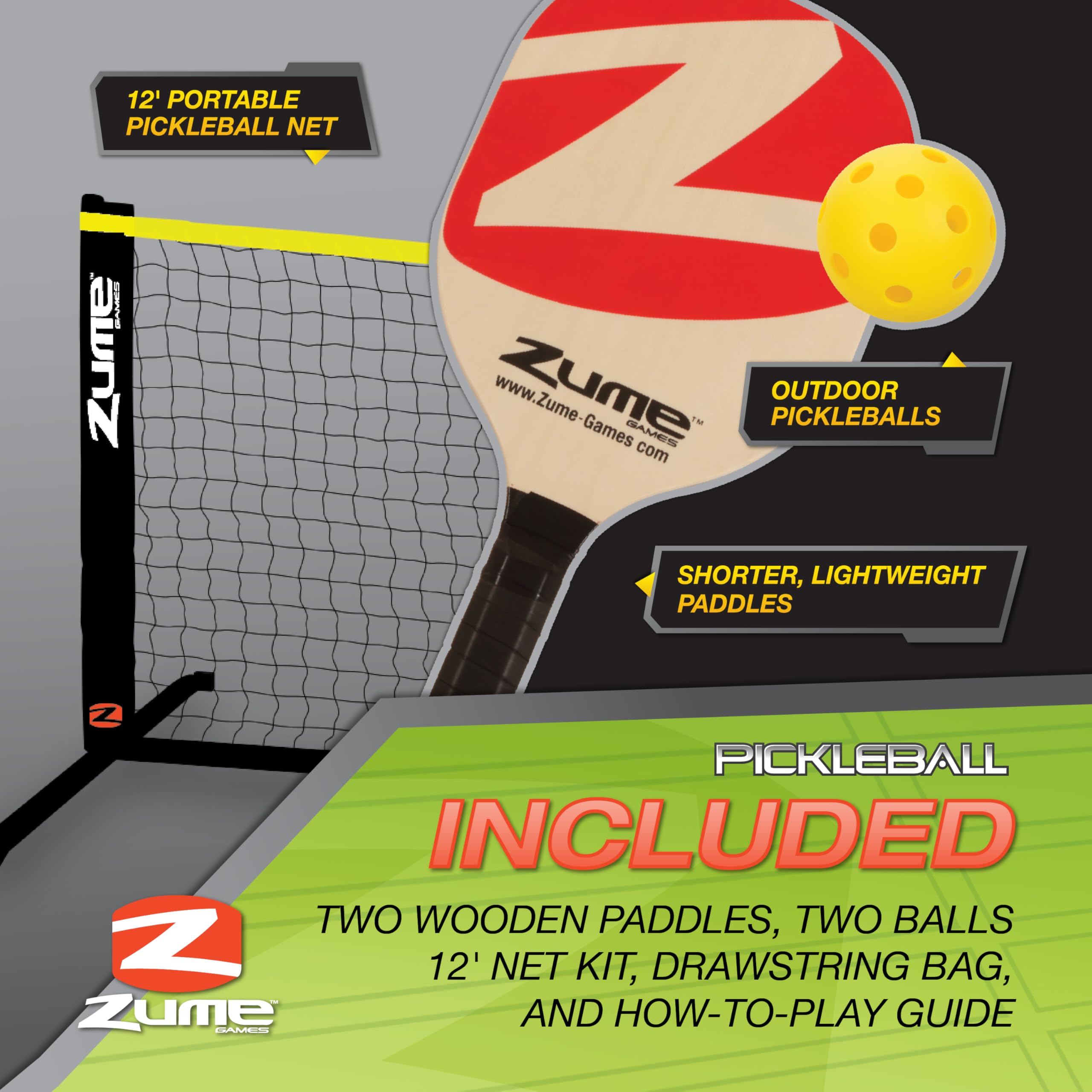 Zume Games Pickleball Set – Complete Portable Pickleball Kit with 12' Net, 2 Wooden Paddles, 2 Balls & Carry Case – Beginner-Friendly Outdoor Game for Driveways, Parks, Tailgates & Backyard Fun