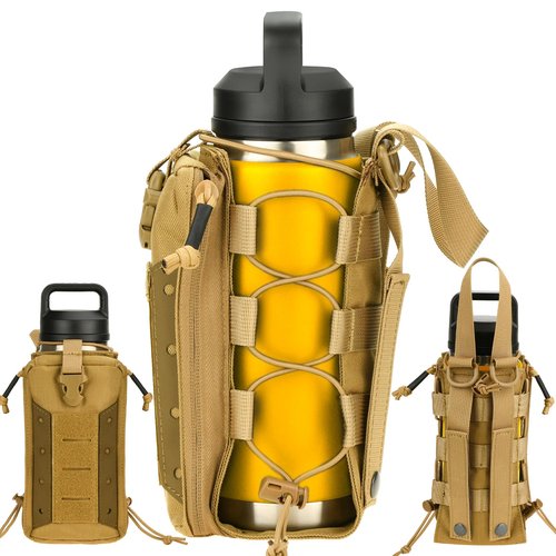 Molle Water Bottle Holder, Water Bottle Pouch Attachment for Backpack, Adjustable Multi-Purpose Tactical Bag for 16 24 32 40 64 oz Adapted to Vest Belt Brown