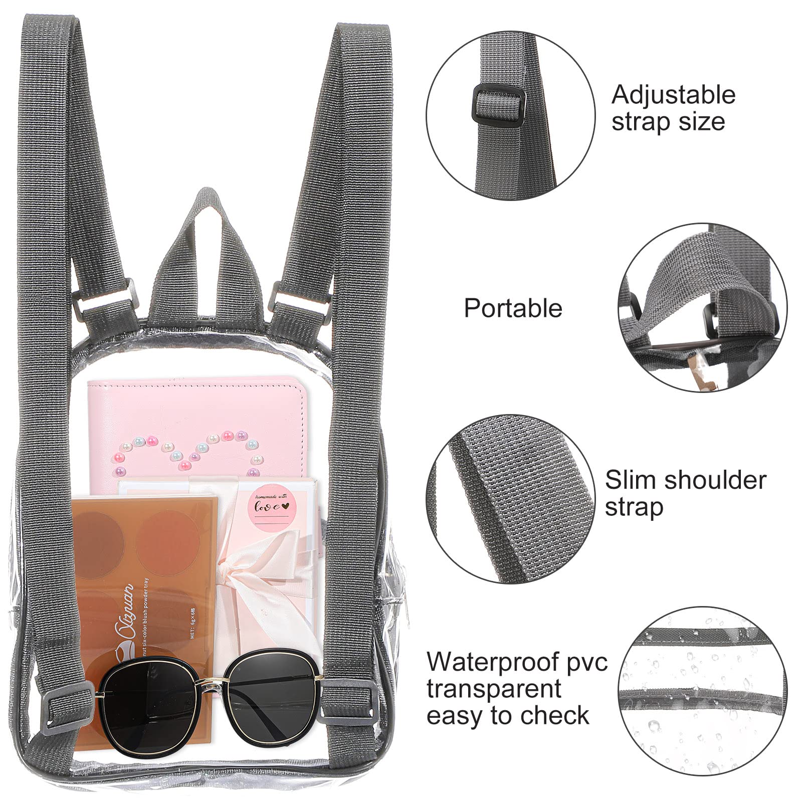 Weewooday Clear Mini Backpack Stadium Transparent Small See Through Bag with Waterproof Crossbody Concert Purse Handbag(Gray)