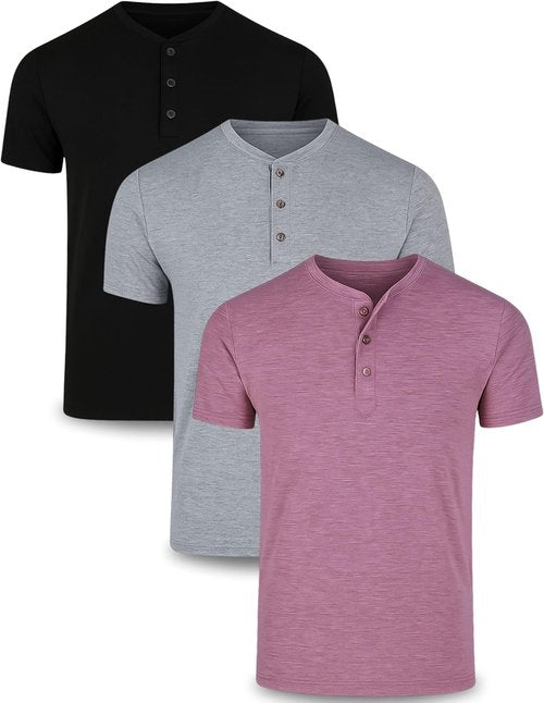 Liberty Pro Men's Casual Henley Shirts - 3-Pack Comfort Soft Stretch Tees, Relaxed Fit Summer T-Shirts