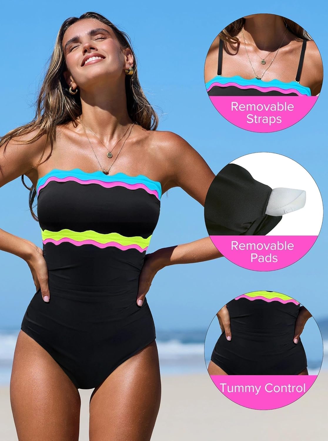 Popvil One Piece Swimsuit - Tummy Control Strapless Neon Bandeau Bathing Suit for Women