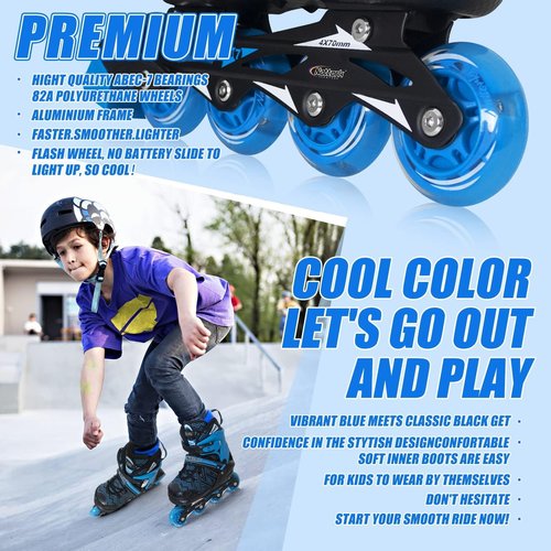 Nattork Adjustable Inline Skates for Little Kids Boys with Light up Wheels - Blue Child Blade Roller Skating for Beginners Size 1 2 3 4 Ages 7 8 9 10