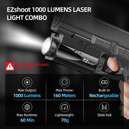 EZshoot Pistol Light Laser Combo - 1000 Lumens Rechargeable Gun Light with Red Laser Beam | Compatible with Glock & Picatinny Rail