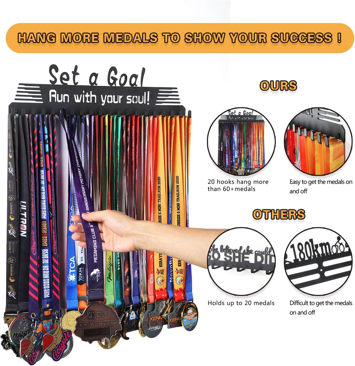 Personalized Medal Holder - Custom Name Display Rack for Awards & Ribbons | Metal Wall Mount for 60 Medals