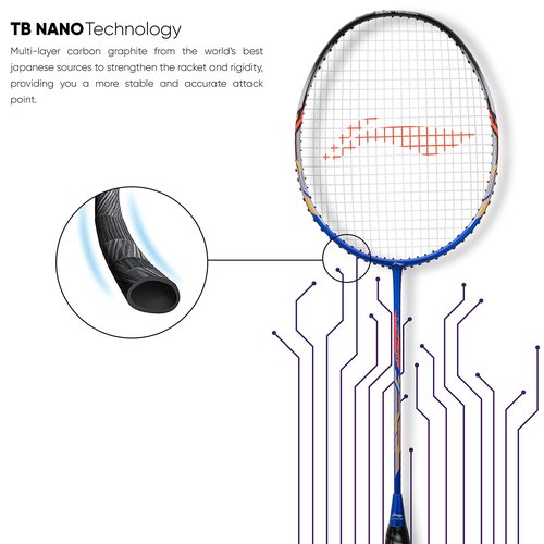 Li-Ning Turbo 99 Carbon Fibre Strung Badminton Racket with Full Racket Cover (Blue/Black) | For Intermediate Players | 84 grams | Maximum String Tension - 30lbs