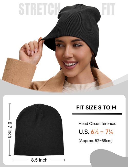 100% Cotton Beanie Hat for Men Women - Soft Unisex Winter Knit Skull Cap, Stretch Fit Fashion Fisherman Beanie, Black