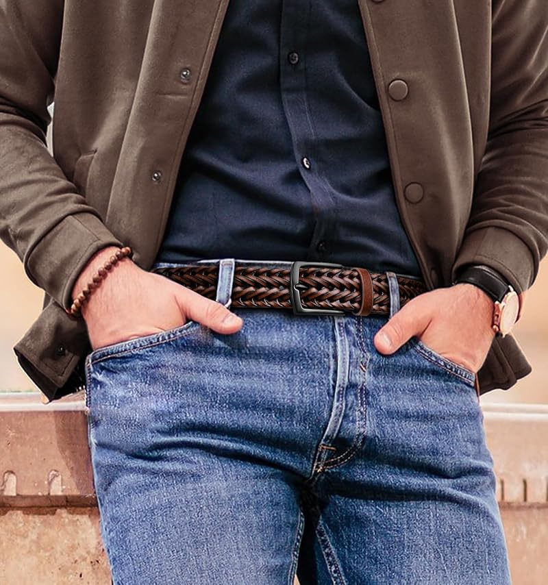 Gift Boxed Leather Belt for Men - 1 3/8" Woven, Holeless, Light Brown, Adjustable