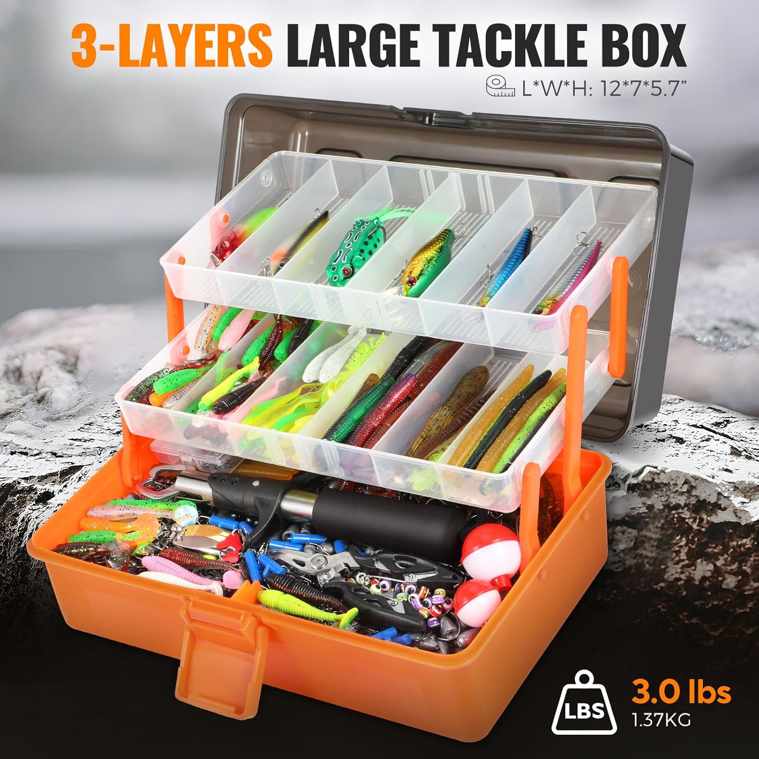 PLUSINNO Large Fishing Tackle Box - 3 Layers with 415Pcs Lures, Pliers & Accessories | Ideal Gift for Men