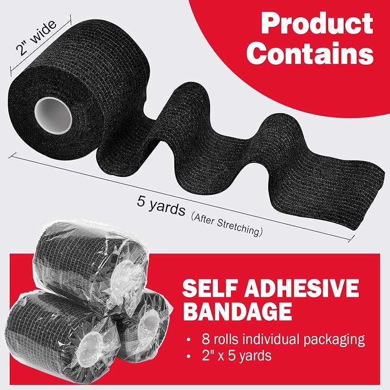 AZEN 8-Pack Self-Adhesive Bandage Wrap 2" x 5 Yards - Black Vet/Tattoo Wrap