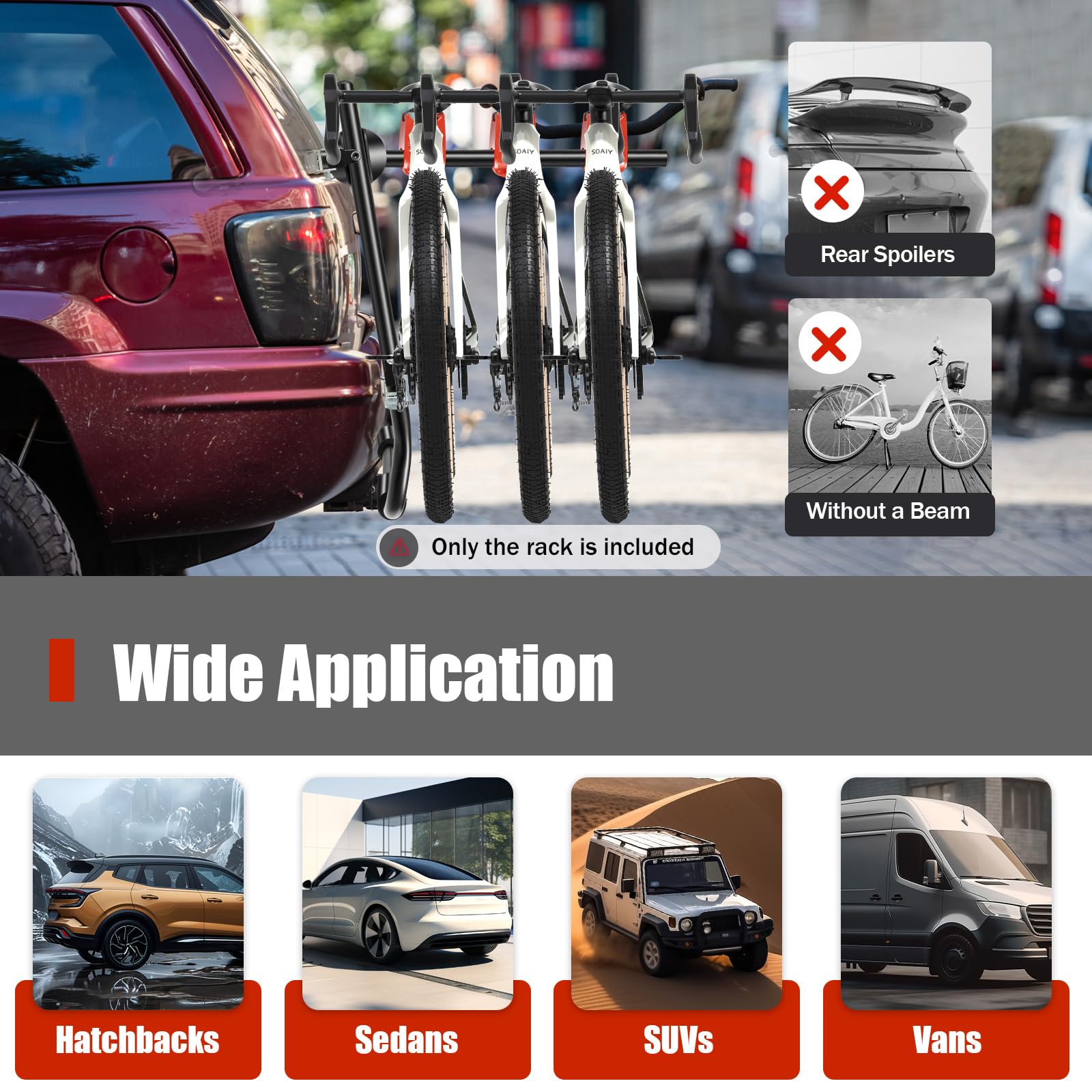 DOONARCES Car Bicycle Rack 3-Bike, Vehicle Trunk Mount Bike Rack F Frame Foldable Bicycle Carrier Holder for Most Cars SUV Sedan Hatchback Minivan, 88lbs Load, Black+Red