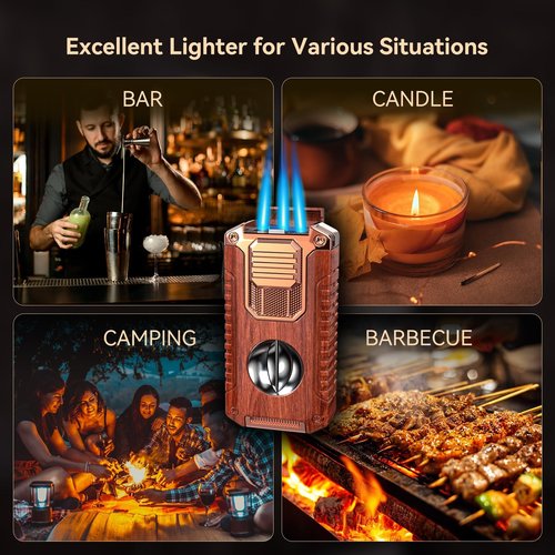 All-in-One Triple Torch Lighter with Built-in V Cutter, Holder, Punch, and Draw Enhancer Tool, Winproof Adjustable Triple Jet Flame Lighter, Refillable Lighter Gift for Men (Mahogany)