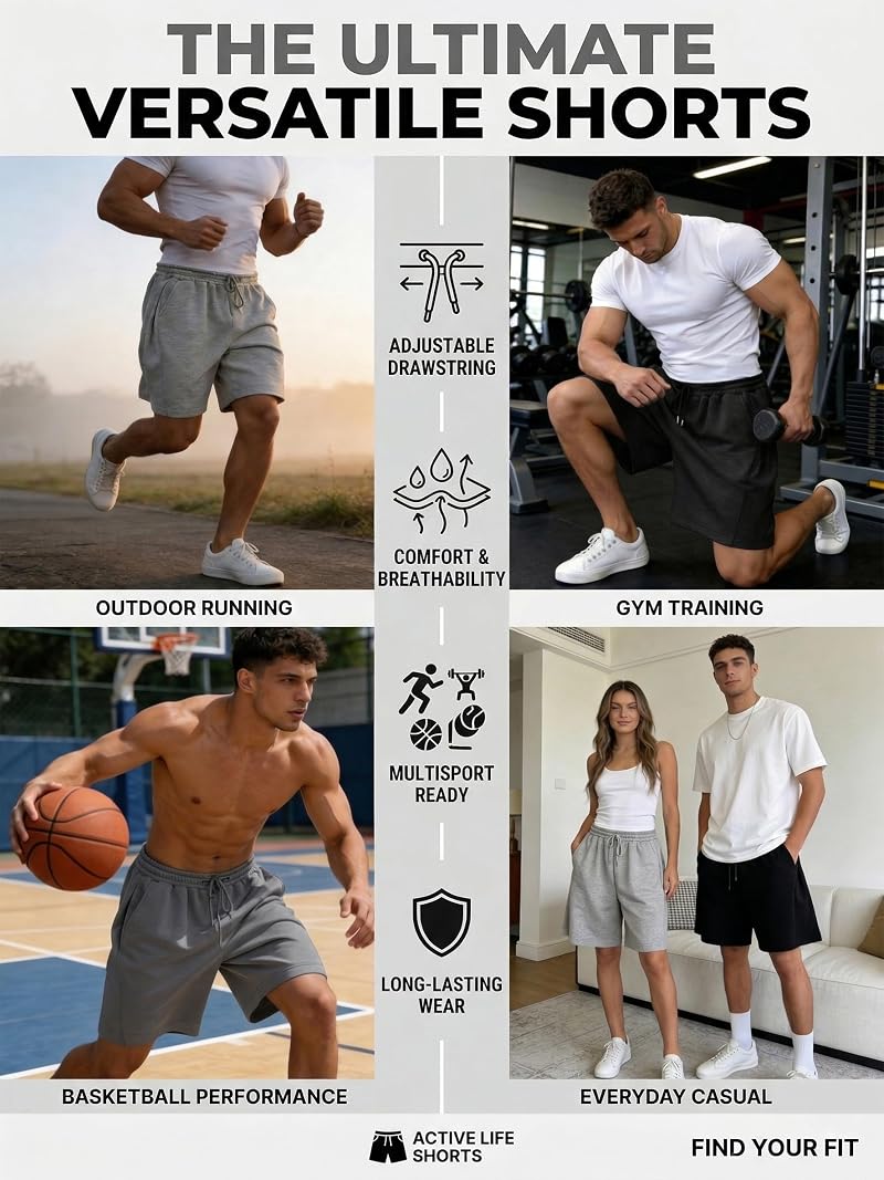Men's Baggy Gym Shorts with Pockets - Y2K Wide-Leg Sweat Shorts, Black, Large