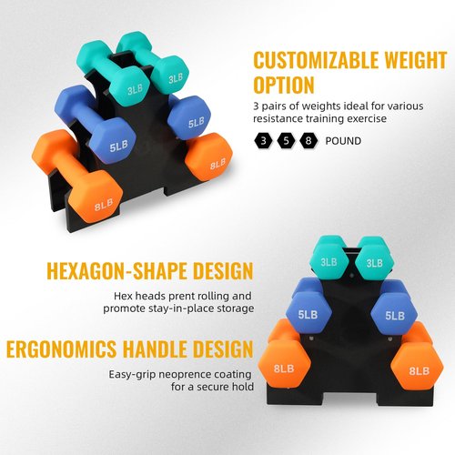 Fitvids Colored Neoprene Dumbbell Set with Rack, 32LB Set: 3/5/8LB Pairs, Color Series