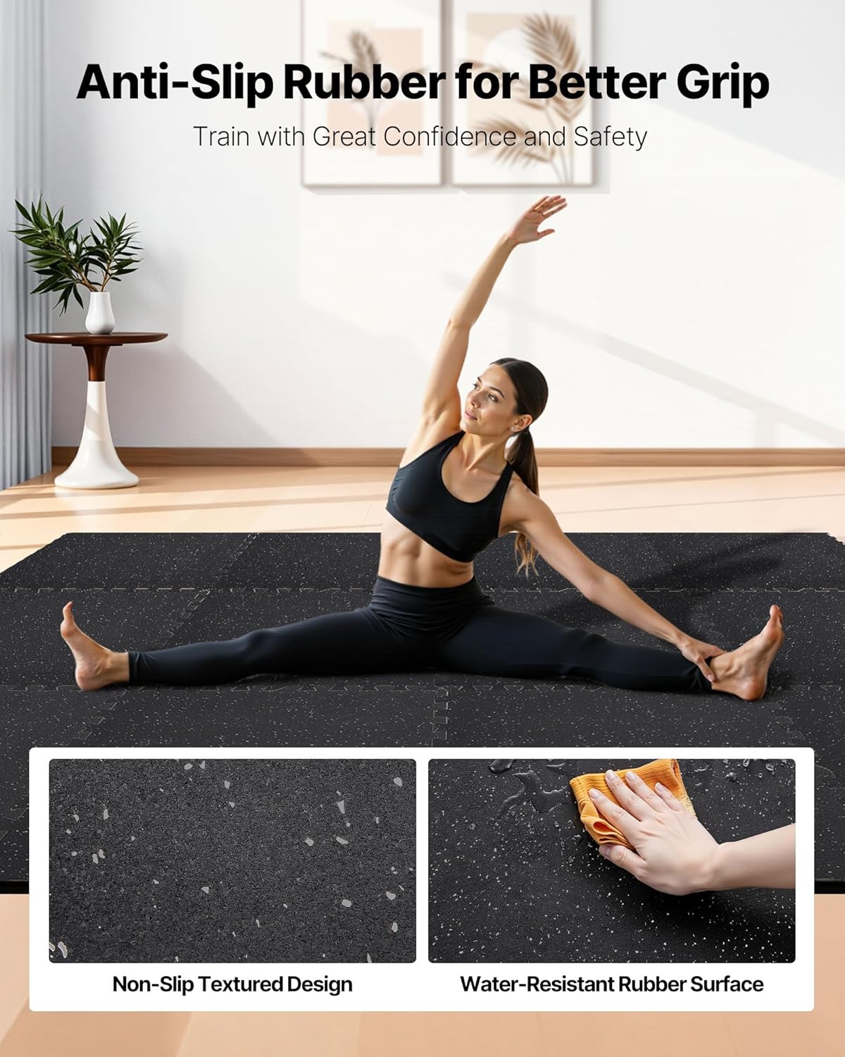 VEVOR Gym Flooring Tiles - 0.56 Inch Thick Rubber Top with High Density EVA Foam | 24 x 24 Inch Interlocking Mats in Black & Gray - Perfect for Home Gyms