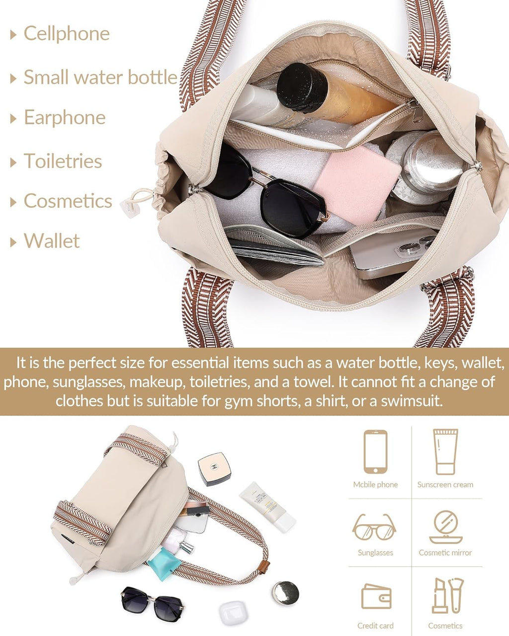 Skiennix Small Gym Bag - Lightweight Waterproof Mini Duffle with Wet Compartment | Beige
