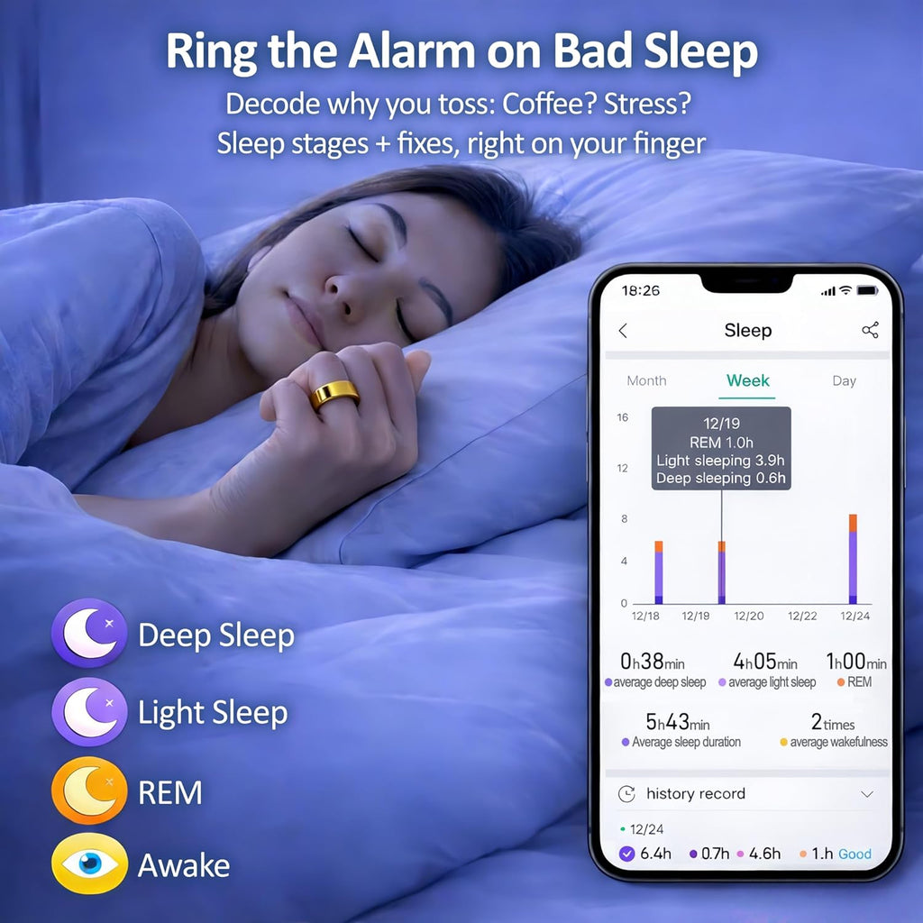 Smart Ring | Health & Fitness Tracker for Men & Women - Heart Rate, SPO₂, Sleep Monitoring, IP68 Waterproof, Gold, Size 8