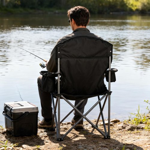 Heavy Duty Camping Chair - 350LBS Capacity | Portable Folding Chair with Cooler Bag & Cup Holder - Black