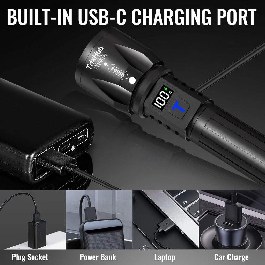 TrixHub Rechargeable Flashlights - 99,000 High Lumens | 5-Mode Tactical LED Light with LCD Display, 2-Pack