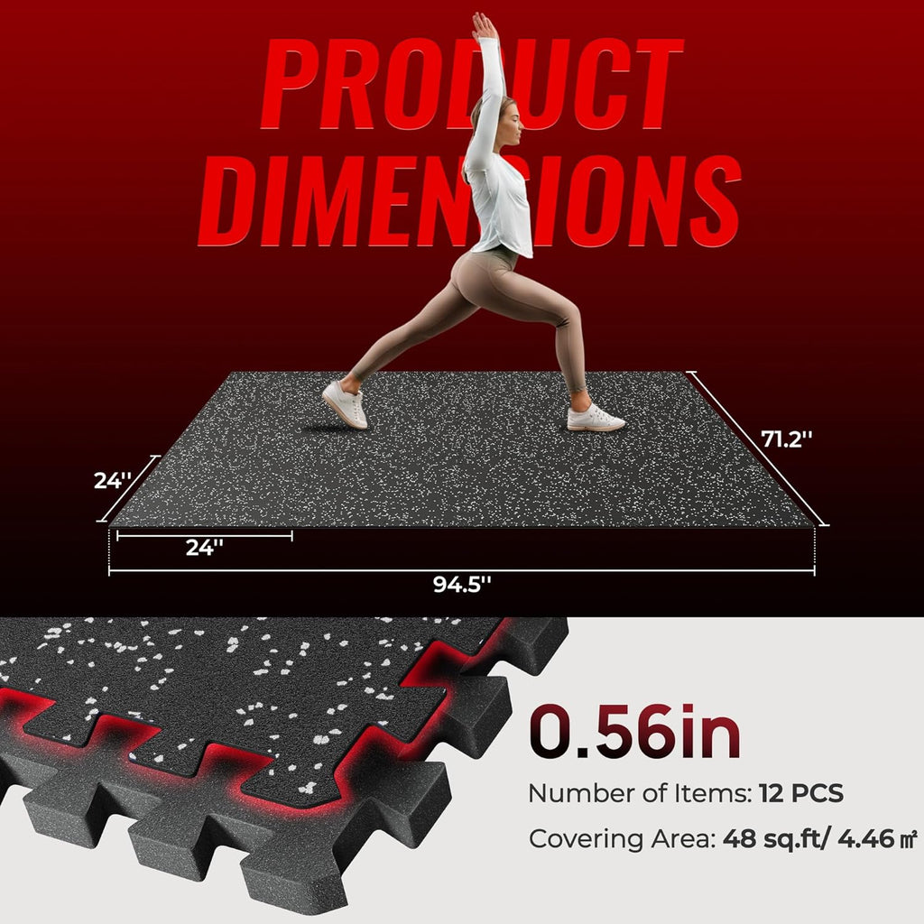 SUPERJARE Exercise Mats - 0.56'' Thick High-Density EVA Foam | 12 Pcs Interlocking Gym Flooring, Black/Grey