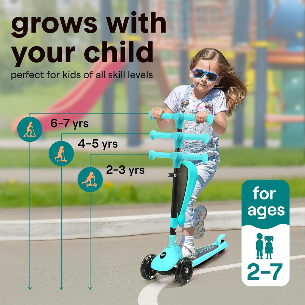 SereneLife 3-Wheel Kids Scooter - Foldable Design, LED Wheel Lights, Adjustable Handlebar | For Toddlers 3+ Up to 110 lbs