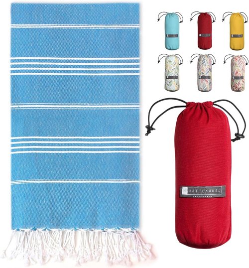 BAY LAUREL Turkish Beach Towel - Quick Dry, Sand-Free, Lightweight | Large 39 x 71 in Blue with Red Bag