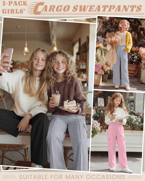 LessonZoo 3 Pack Girls Wide Leg Sweatpants Cargo Pants High Waisted Baggy Causal Loose Kids Elastic Waistband Pants Joggers(Pink, Light Gray, Black,9-10 Years)