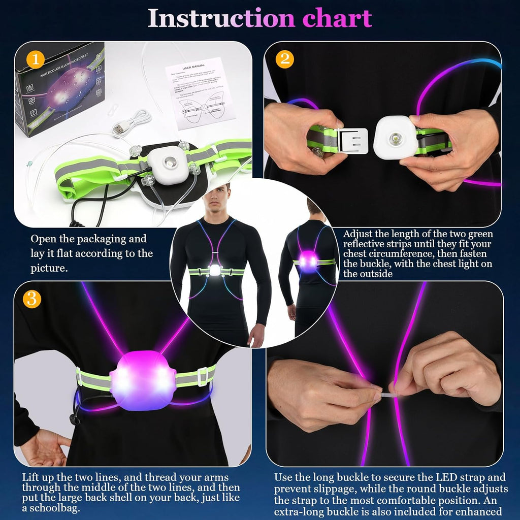 Skiennix Reflective Running Vest - Rechargeable LED Gear with 3 Modes & 7 Colors | Adjustable Safety Vest for Night Running, Cycling, Hiking (Large)