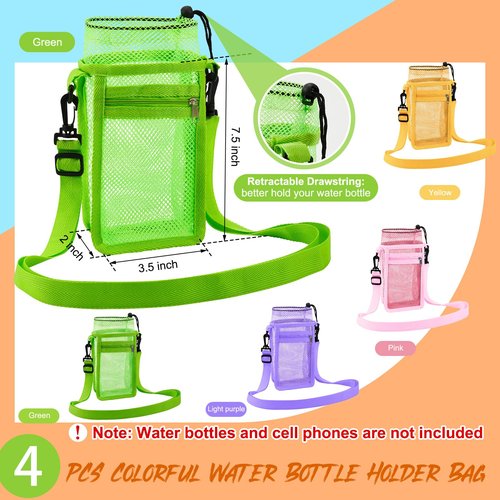 Berlune 4 Pcs Water Bottle Holder with Strap Drawstring Water Bottle Carrier with Zipper Pocket Adjustable Shoulder Mesh Sling Bag for Hiking Walking Camping Travel (4 Colors)
