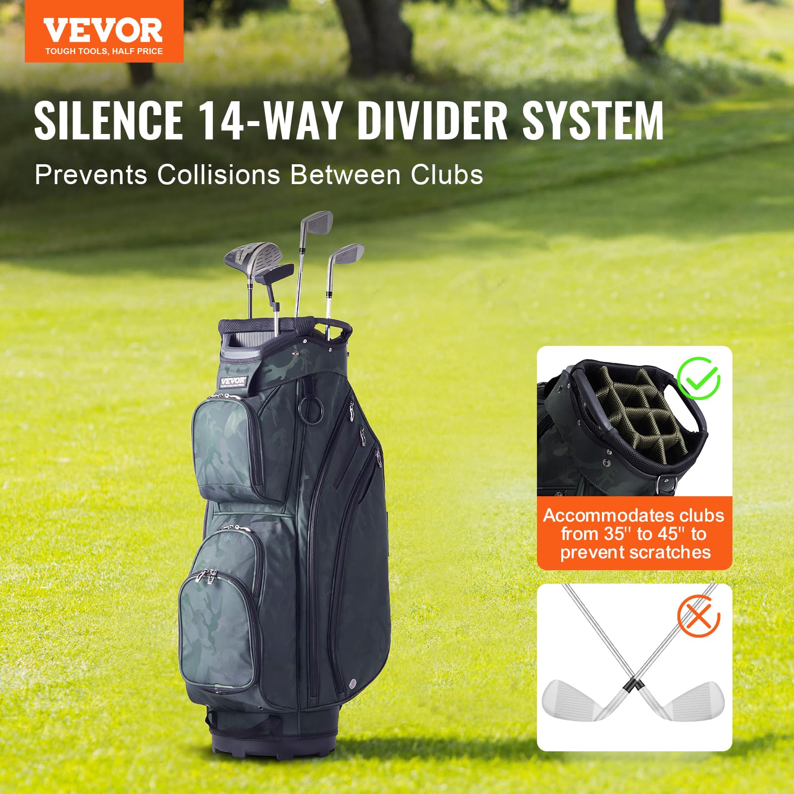 VEVOR Golf Cart Bag with 14 Way Organizer Divider Top, Premium Cart Bag with Stand, Durable Golf Bags with Handles & Dust Cover & Detachable Dual Strap for Men & Women (Army Green, 10 Pockets)