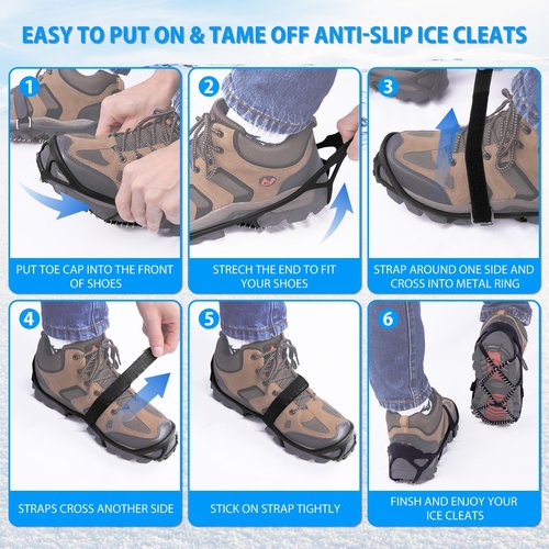 Sfee 2 Pairs Ice Cleats Ice Grippers for Shoes and Boots, Crampons Traction Cleats for Walking on Snow and Ice Anti-Slip Flexible Footwear Snow Grips for Walking Climbing Hiking Jogging with 4 Straps