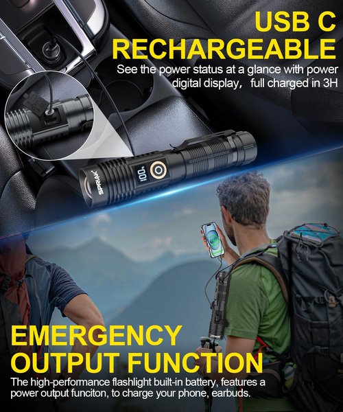 Spriak Rechargeable Flashlight High Lumens-Super Bright Magnetic Flash Light with Power Digital Display, Long Range,Dimmable,Waterproof,Pocket Handheld Tactical LED Flashlights for Emergency