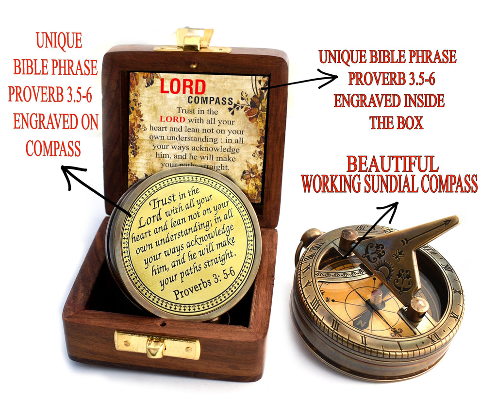 Trust in The Lord-Proverbs 3: 5-6 verse Engraved Sundial Clock in Box Sun Clock Ship Replica Watch, Sundial Compass, Gift Compass, 2025 Graduation Gifts- Baptism Gifts Compass for Women Mens Boy Girls