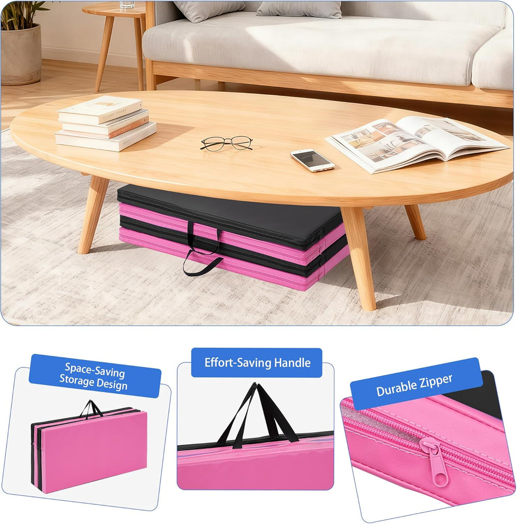Skiennix Gymnastics Mat - Portable 4-Fold Thick Yoga Mat with PU Leather & Carry Handle - 6'x3'x2''