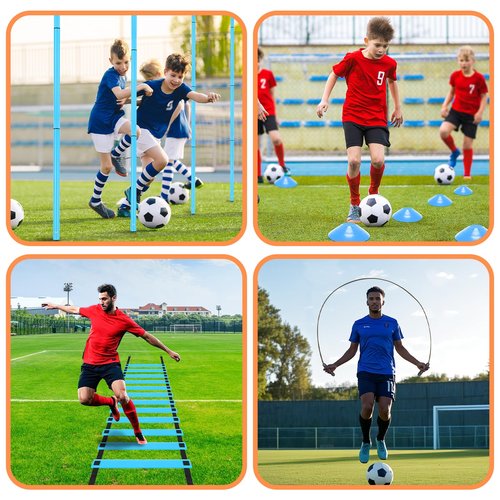 ZEMBSOYA Soccer Training Poles Set, 6 Soccer Poles, Ladder, 10 Soccer Cones, 1 Jump Rope for Soccer Speed and Training（Blue）
