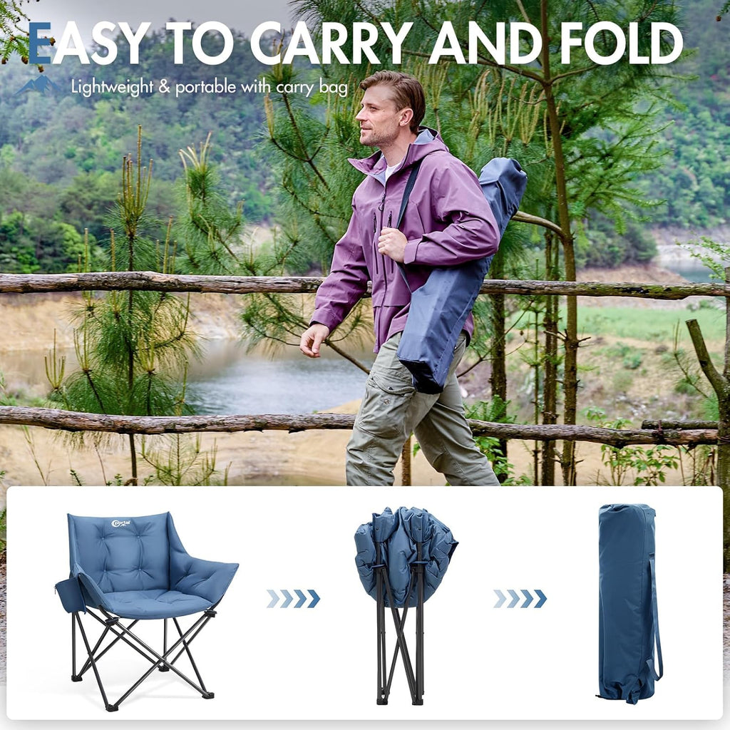 Portal Oversized Padded Camping Chair - Heavy-Duty Folding Chair with Cup Holder & Side Pocket | Supports 350 lbs, Blue