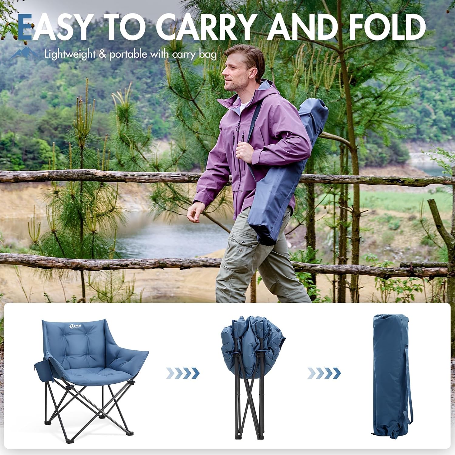 Portal Oversized Padded Camping Chair - Heavy-Duty Folding Chair with Cup Holder & Side Pocket | Supports 350 lbs, Blue
