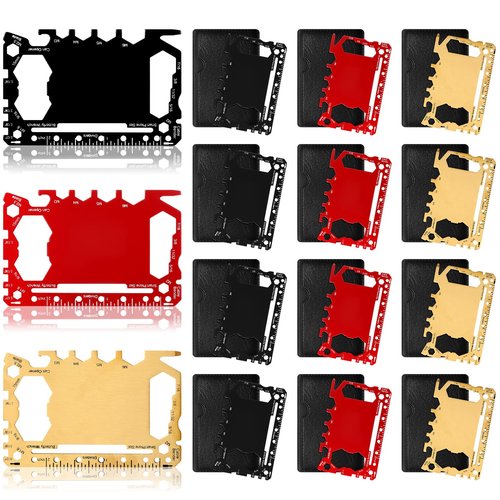 Cholemy 12 Pcs Credit Card Wallet Multitool 46 in 1 Metal Stainless Steel Survival Pocket Tool Multipurpose Bottle Opener Bulk for Men Christmas Stocking Stuffer Gift(Black, Red, Gold,Classic Style)