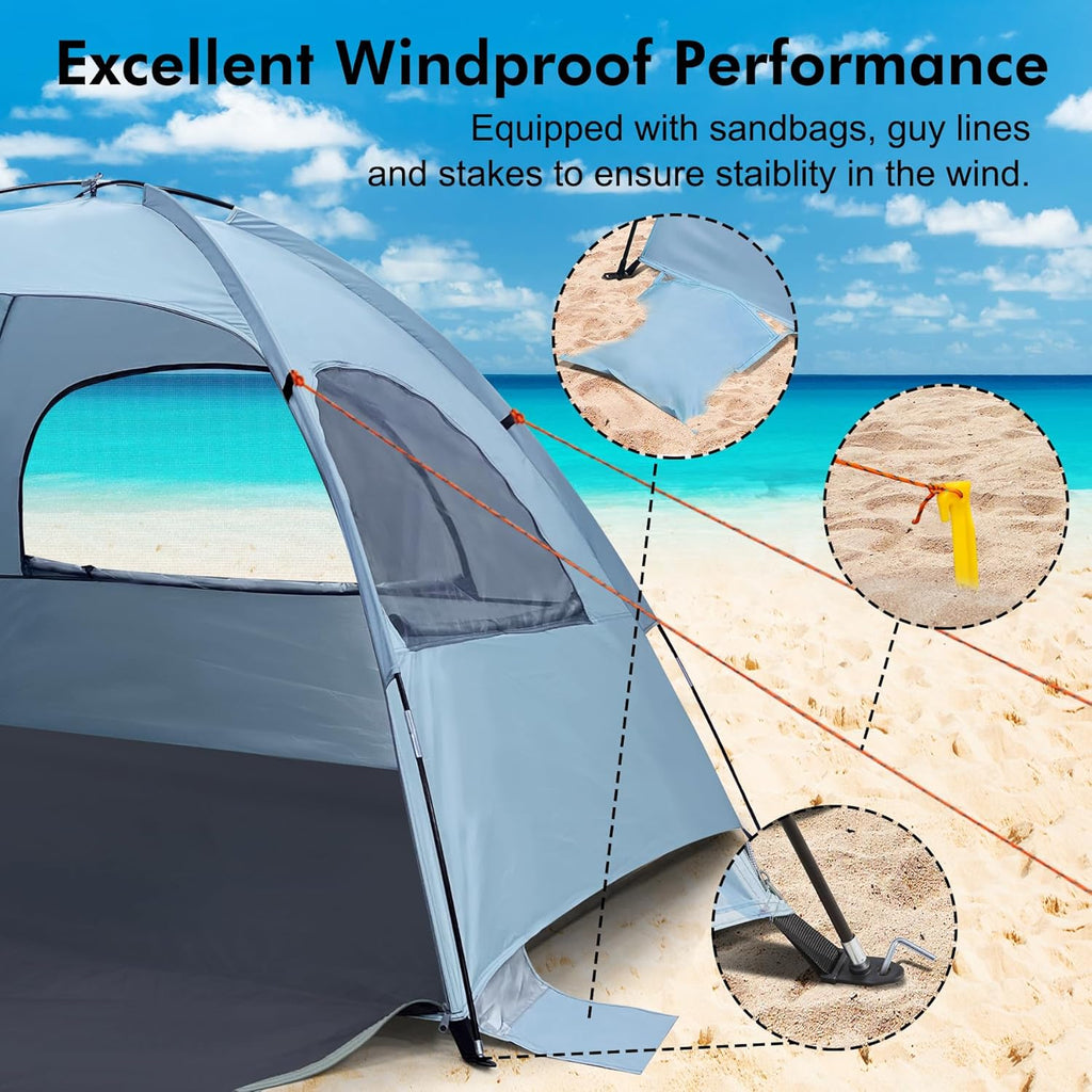 WhiteFang Beach Tent - Anti-UV Portable Sun Shade Shelter for Up to 8 People | Extendable Floor & 3 Mesh Windows