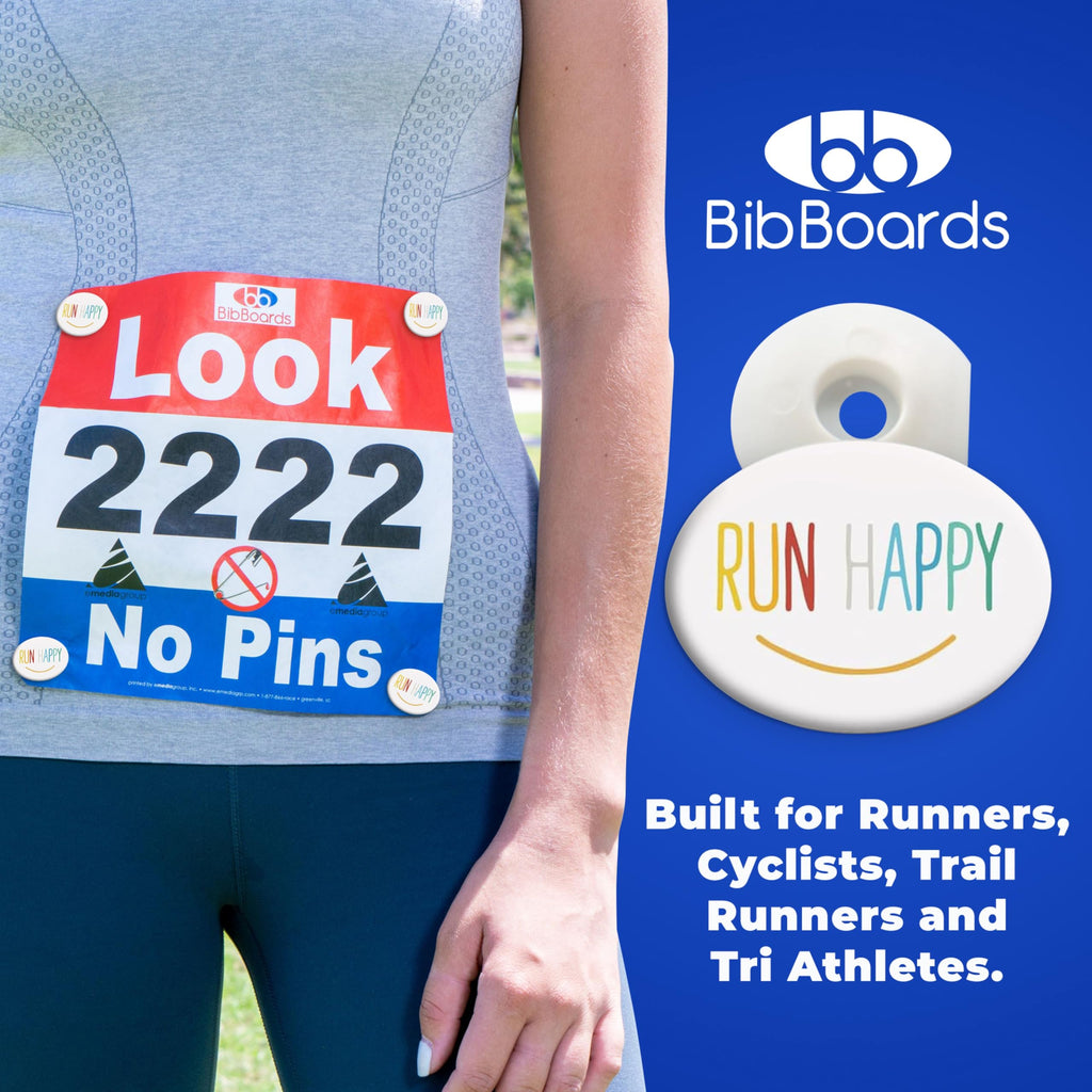 bibSNAPS Race Bib Clips - Safety Lock Fasteners - Secures Running, Marathon, Cycling and Event Number, Non Magnetic, Easy to Use, Soft & Reusable - Replacement for Pins & Magnets - Run Happy (4pcs)