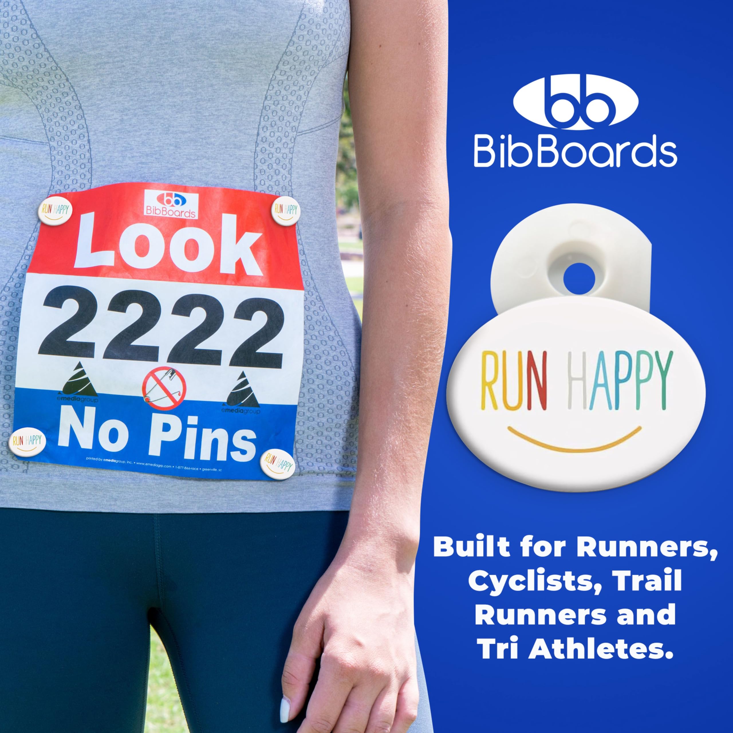bibSNAPS Race Bib Clips - Safety Lock Fasteners - Secures Running, Marathon, Cycling and Event Number, Non Magnetic, Easy to Use, Soft & Reusable - Replacement for Pins & Magnets - Run Happy (4pcs)