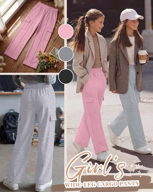 LessonZoo 3 Pack Girls Wide Leg Sweatpants Cargo Pants High Waisted Baggy Causal Loose Kids Elastic Waistband Pants Joggers(Pink, Light Gray, Black,9-10 Years)