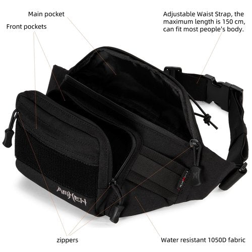 AMHEH 3.5L Tactical Fanny Pack for Men – Crossbody Waist Bag for Everyday Carry & Weekend Travel, Fits 28"-50" Waists (Black)