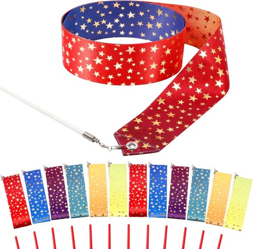Gold Stars Dance Ribbons - 12-Pack Rainbow Streamers for Kids' Birthday & Patriotic Parties