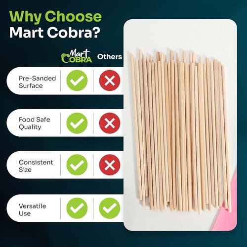 Mart Cobra Wooden Dowel Rods - 200 Pack | 1/8" x 6" Precut Birch Hardwood for Crafts & Modeling