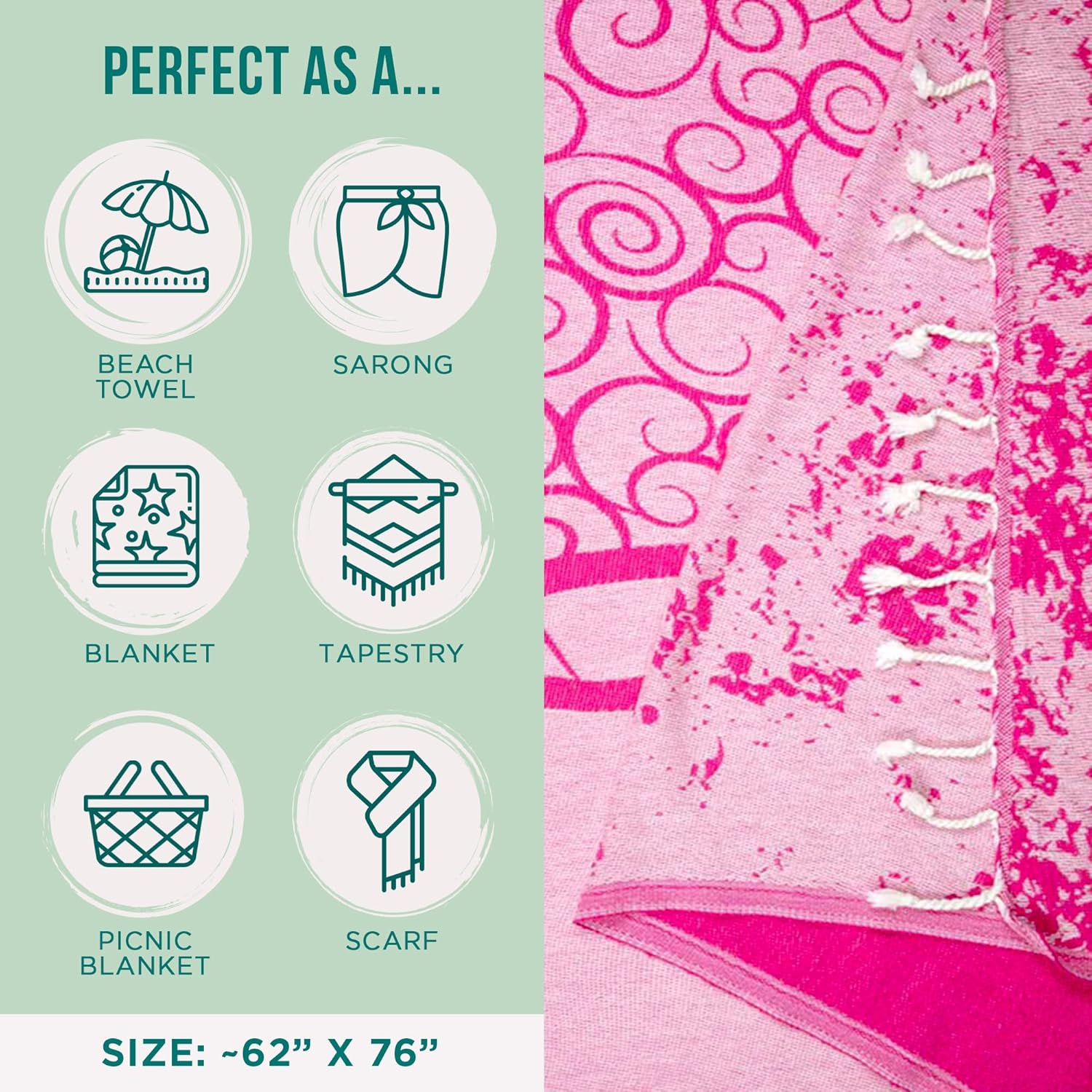 Sand Cloud Turkish Beach Towel - Sand-Free & Quick-Dry - 100% Organic Cotton - Marine Life (Crush Turtle Fuchsia)
