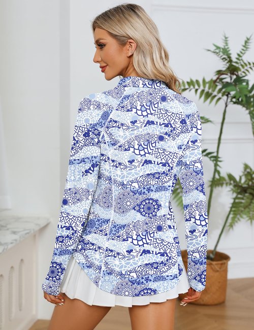 LOMON Womens UPF 50+ Sun Protection Hiking Shirts Quick Dry Long Sleeve Workout Golf Tops Lightweight Running Pullover(White Blue Print,L)