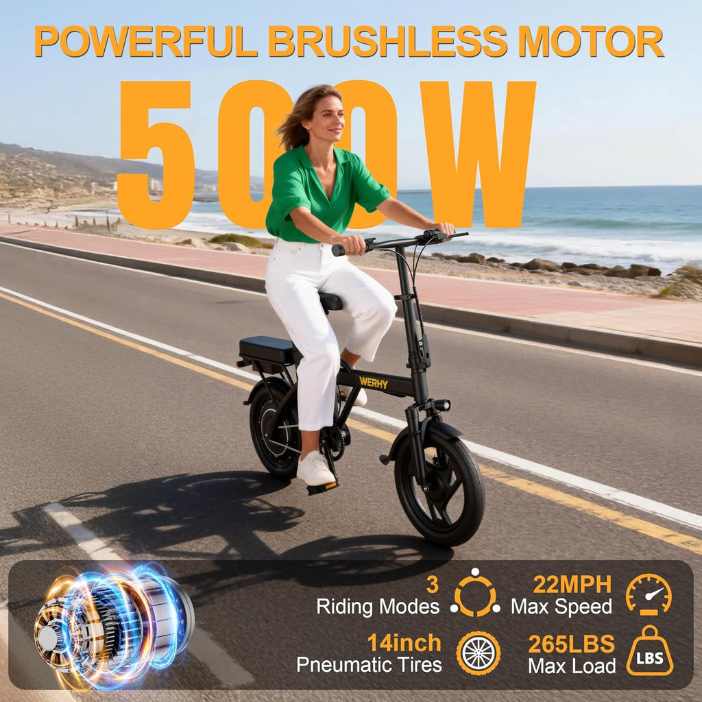 WERHY Electric Bike - 500W Motor, 22 MPH Max Speed, Folding Design, 14" Mini E-Bike for 30-50 Miles Range