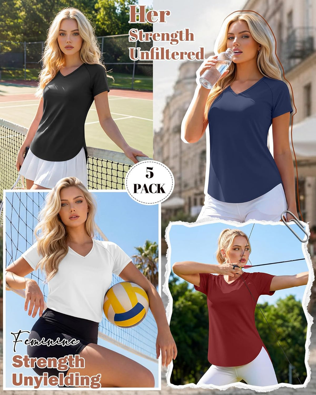 Skiennix Women’s Quick Dry Workout T-Shirts - UPF 50+ Sun Protection | V-Neck, Side Slits, Curved Hem (5 Pack)