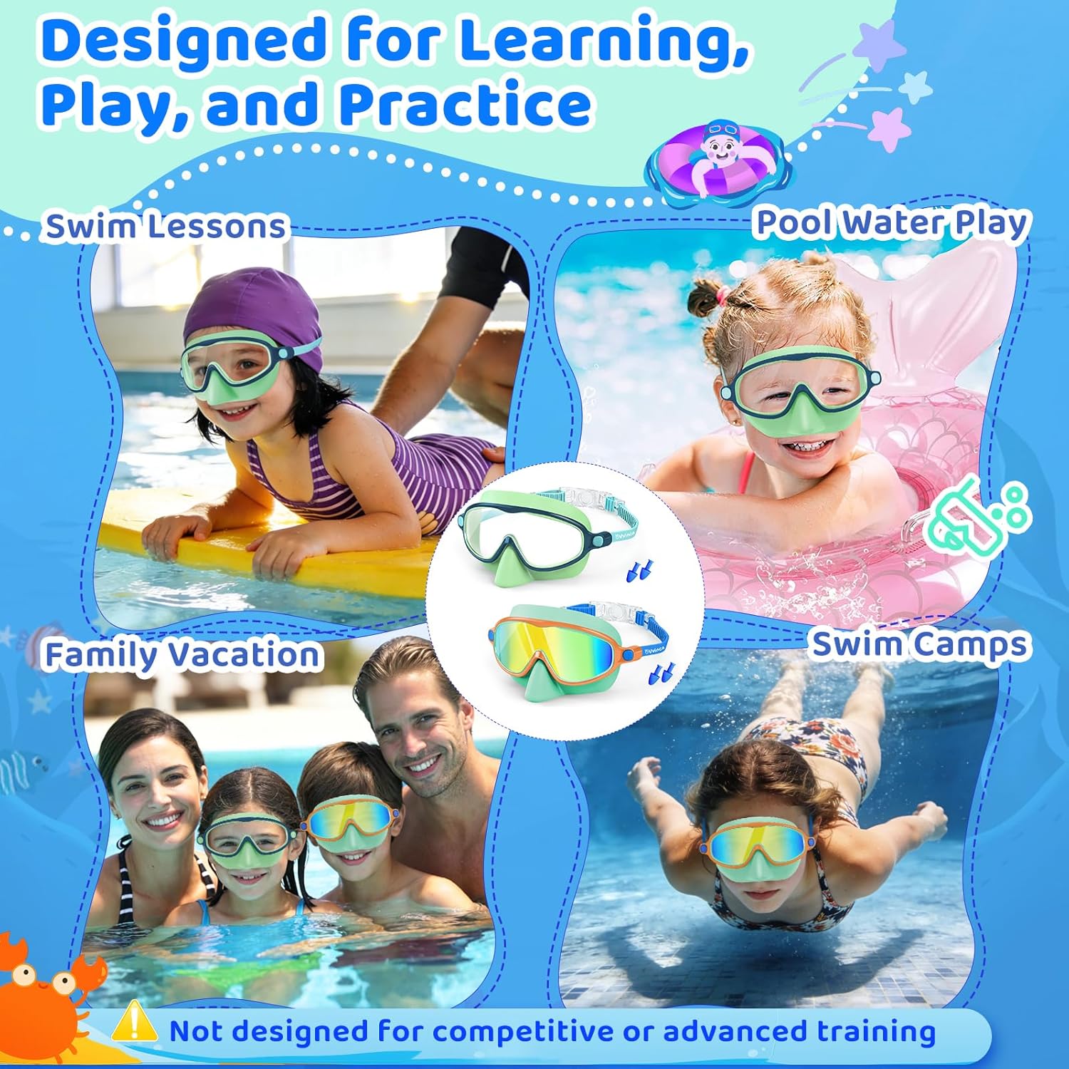 Vvinca Kids Swim Goggles - Anti-Fog UV Protection & Nose Cover | 2 Pack for Ages 3-14